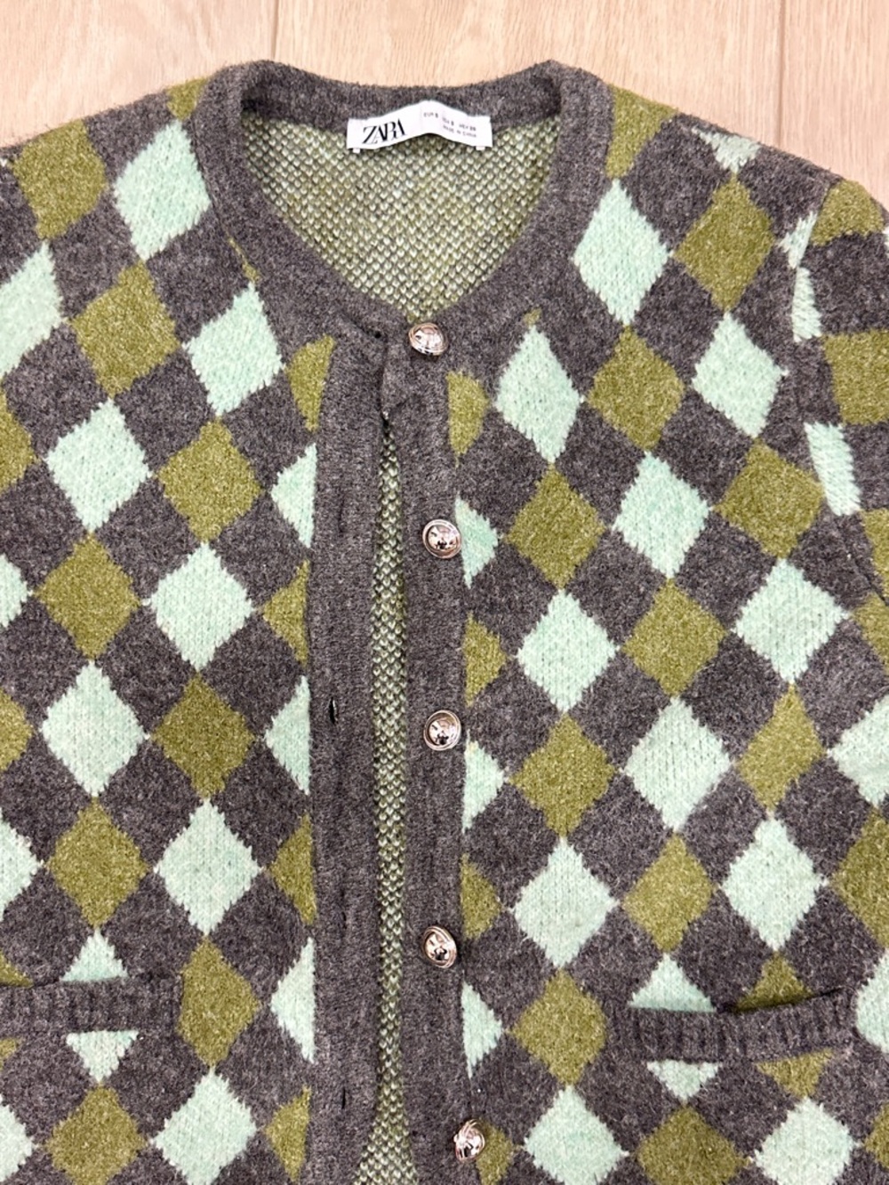 Zara Mint Green & Olive Argyle Knit Cardigan - Picture 3 of 3